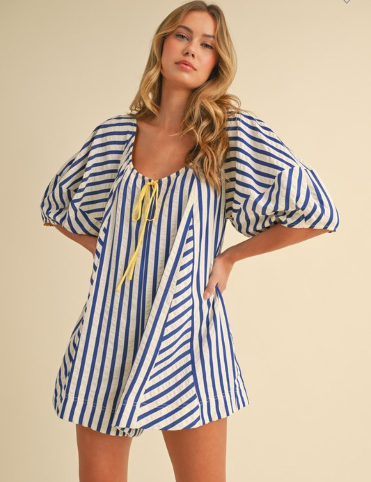 Striped Oversized Puff Sleeve Romper