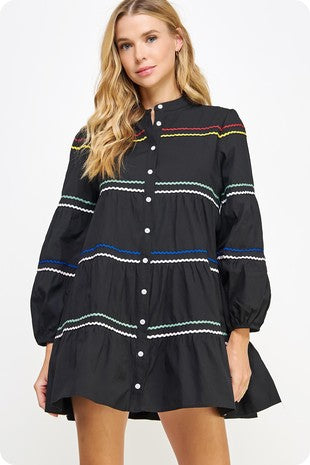Black multi color stripe mini dress