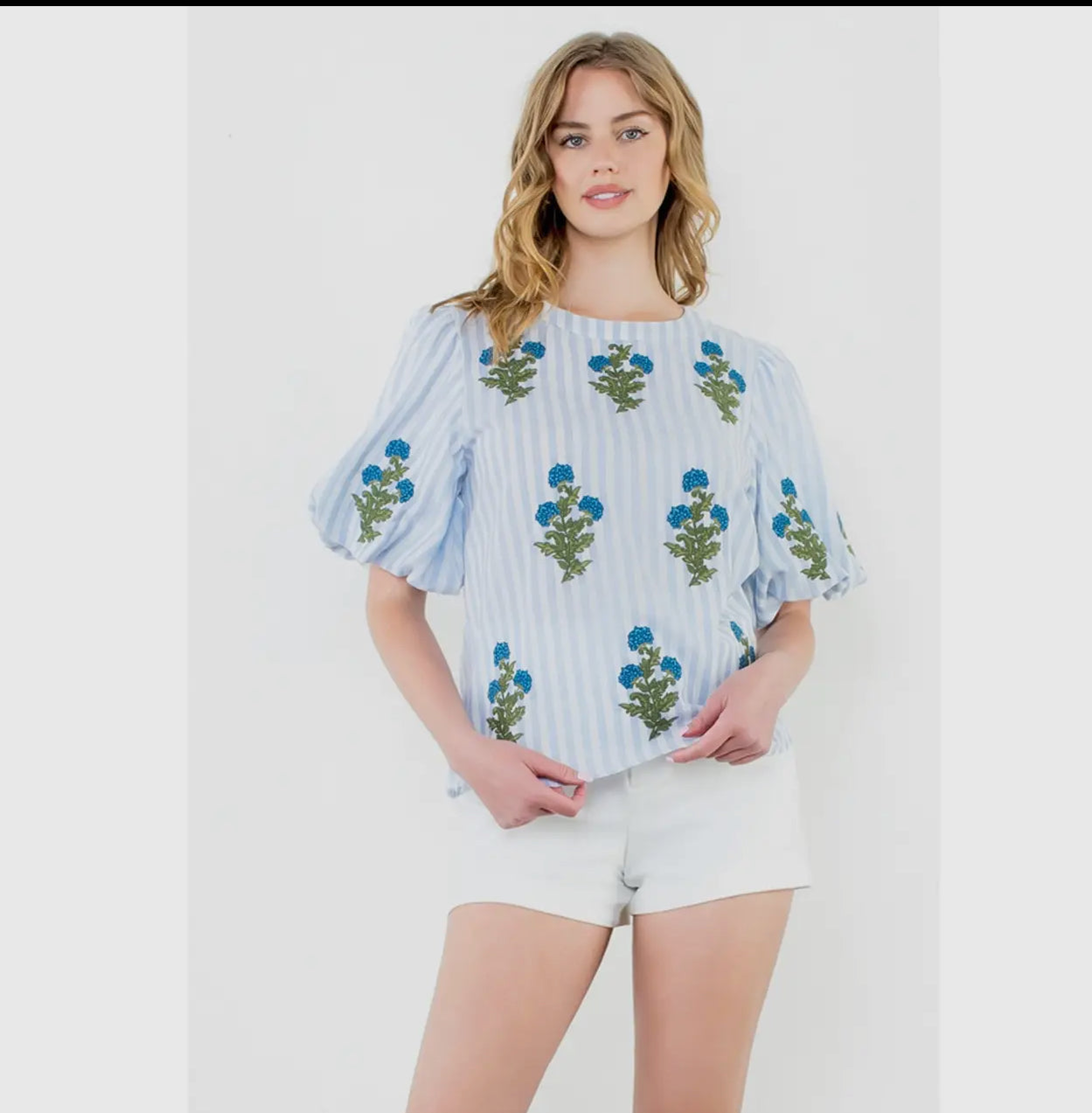Striped Flower Embroidered Puff Top