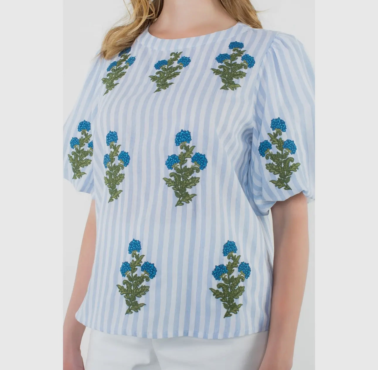 Striped Flower Embroidered Puff Top