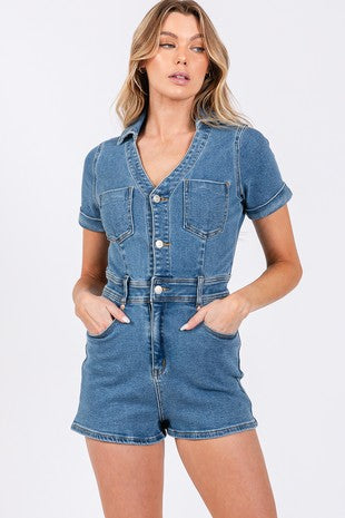 V Neck stretch Denim Romper