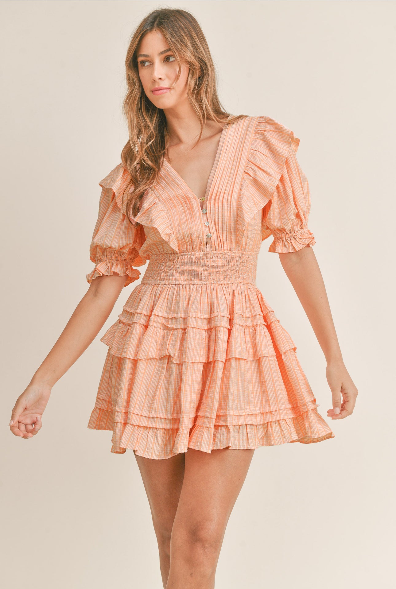 Pleats Neck Ruffle Mini Dress