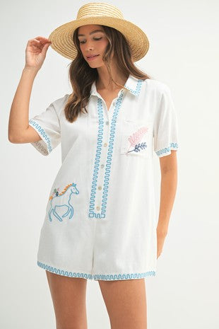Linen embroidered button down romper