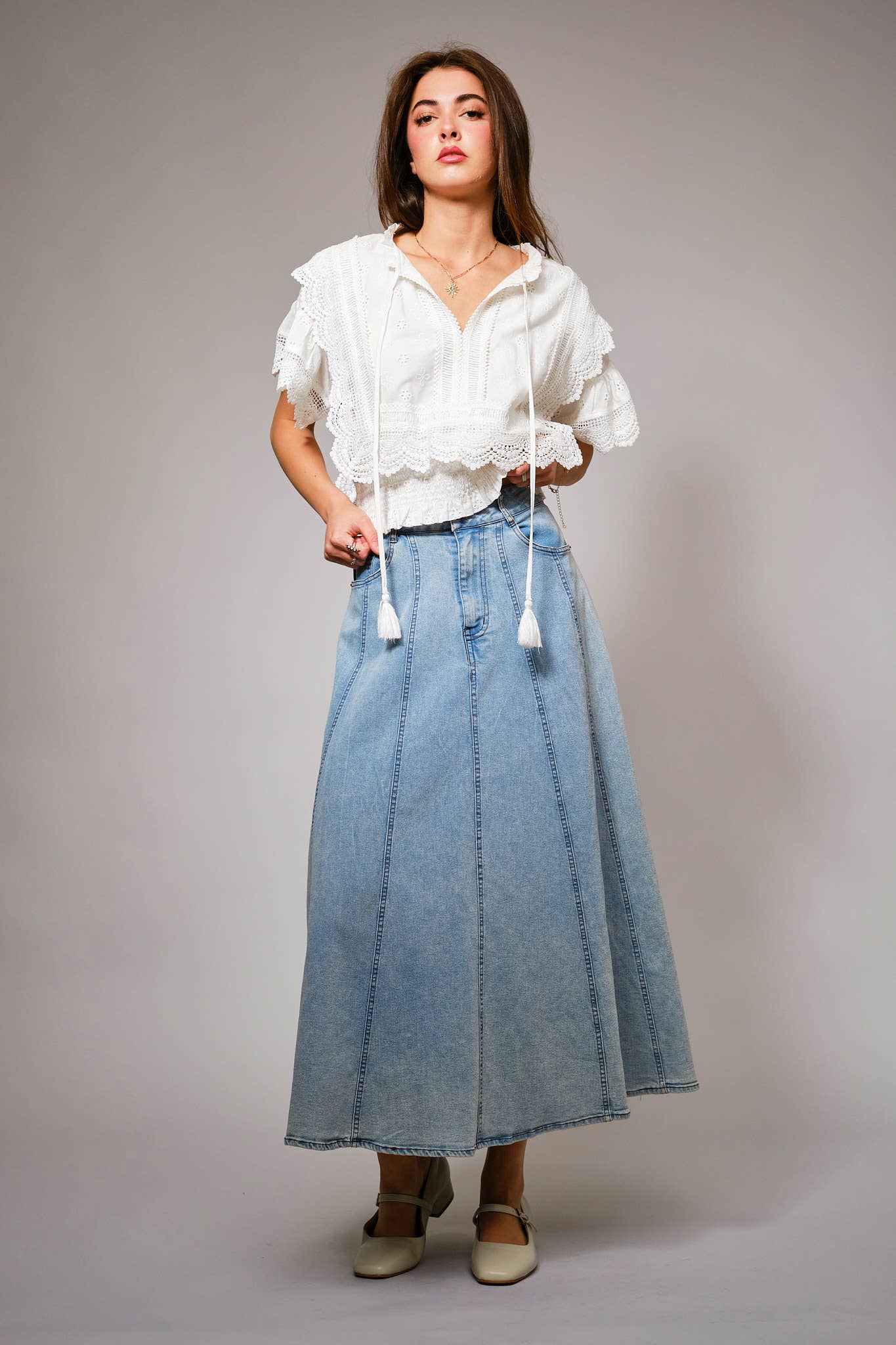 36900T - Eyelet Embroidered Tassel Tie Front Crop Top