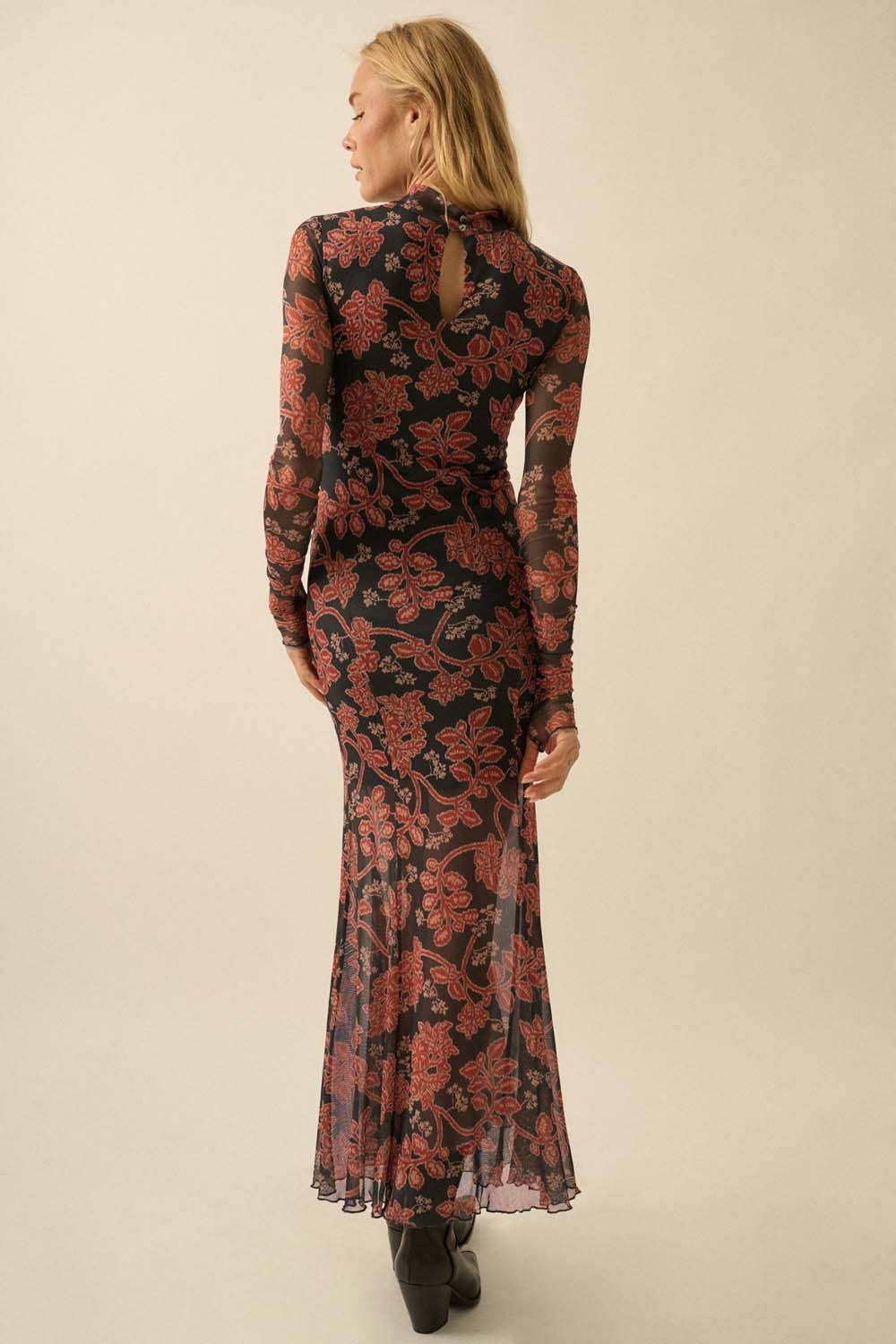 Floral Mesh Mock-Neck Thumbhole Maxi Dress
