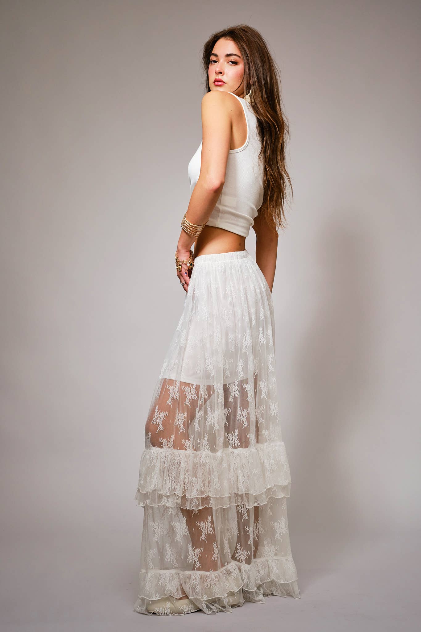 37108S - Sheer Lace Tiered Maxi Skirt