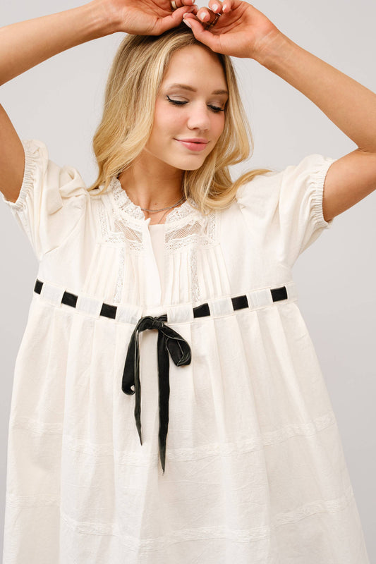 99154D - Cotton Gauze Bow Front Puff Sleeve Mini Dress