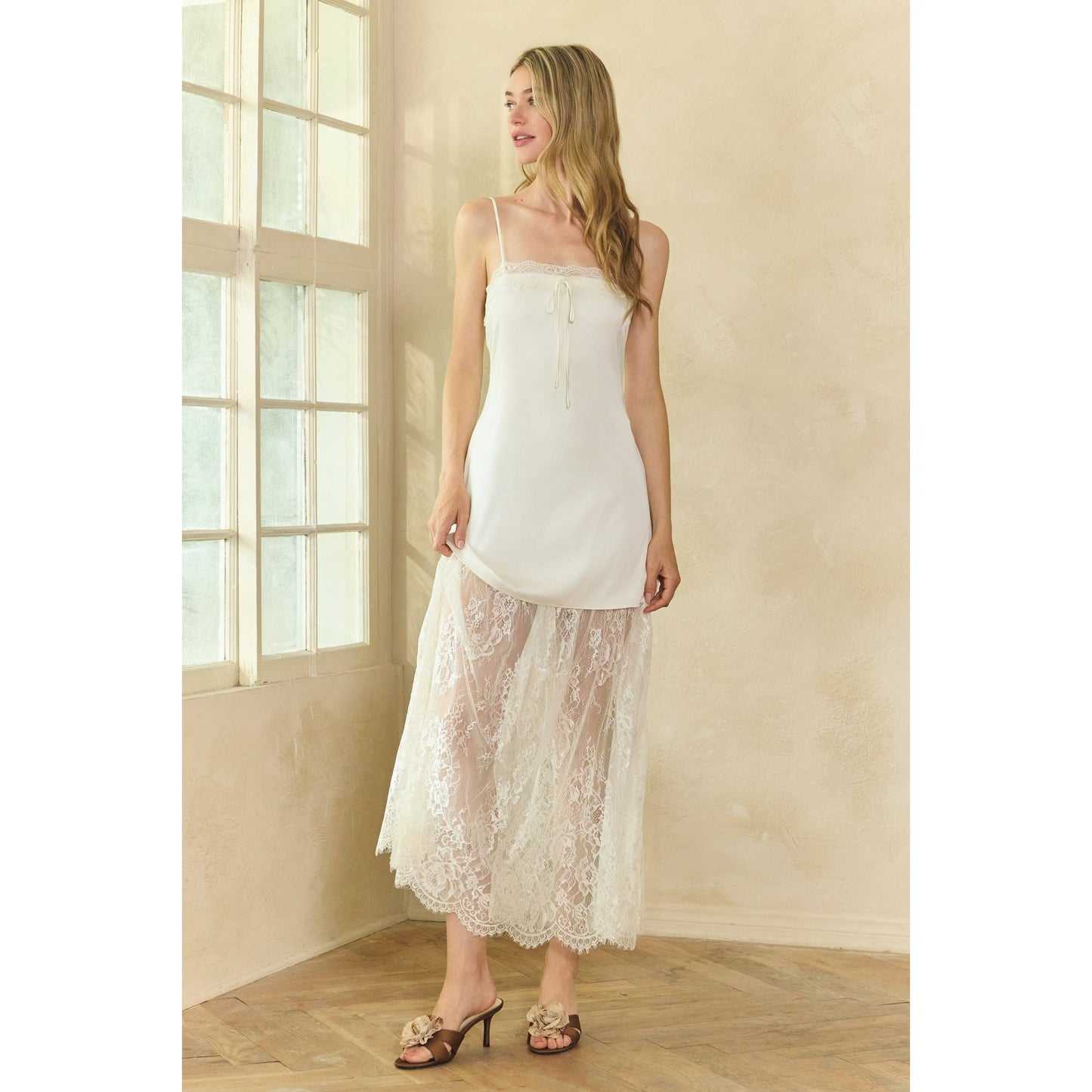 Lace Trim Satin Maxi Slip Dress