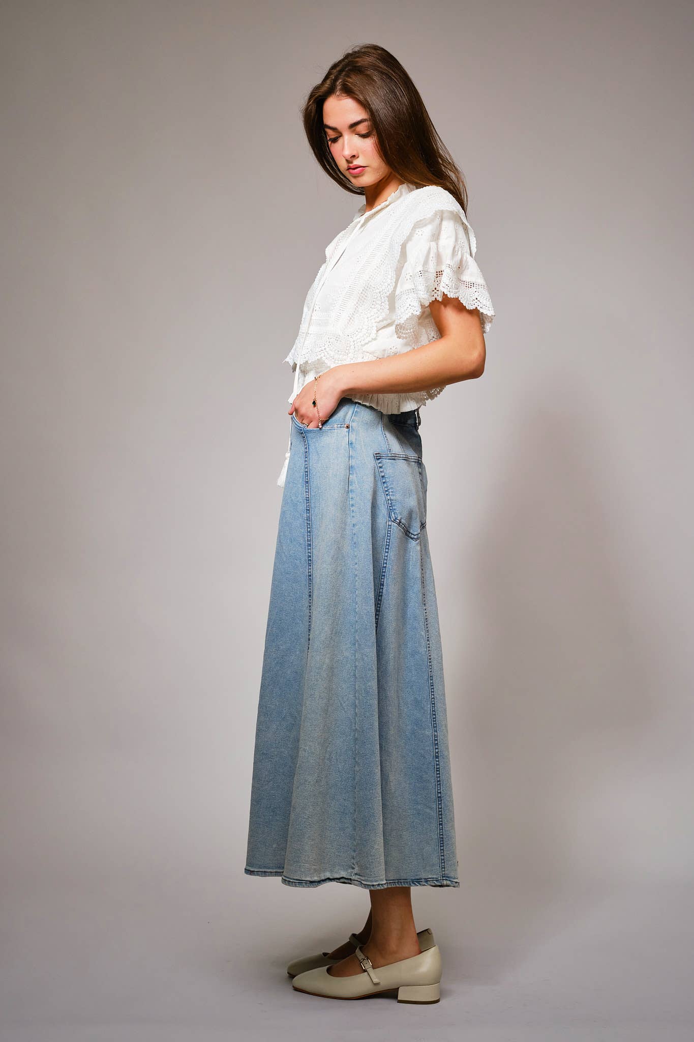 36900T - Eyelet Embroidered Tassel Tie Front Crop Top