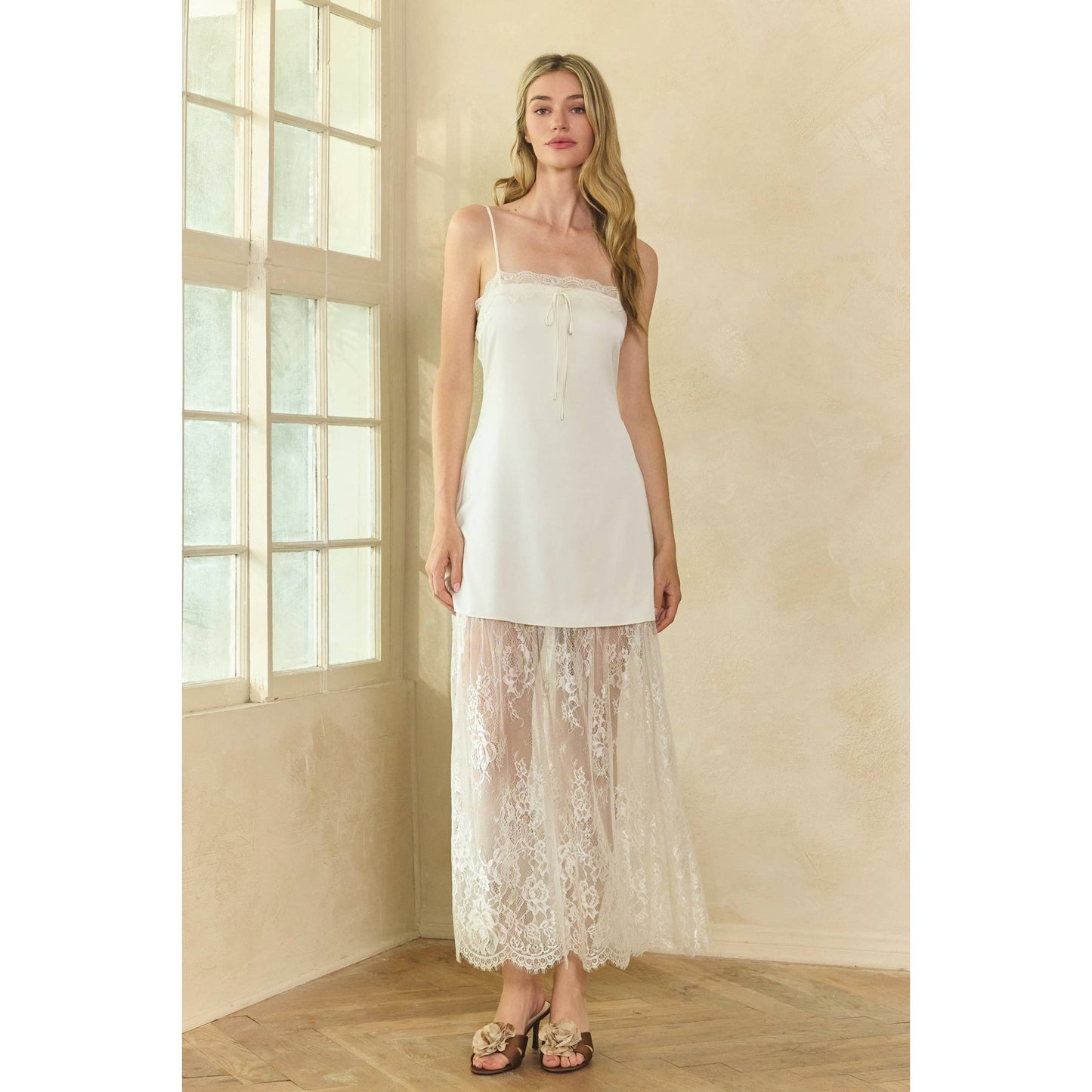 Lace Trim Satin Maxi Slip Dress
