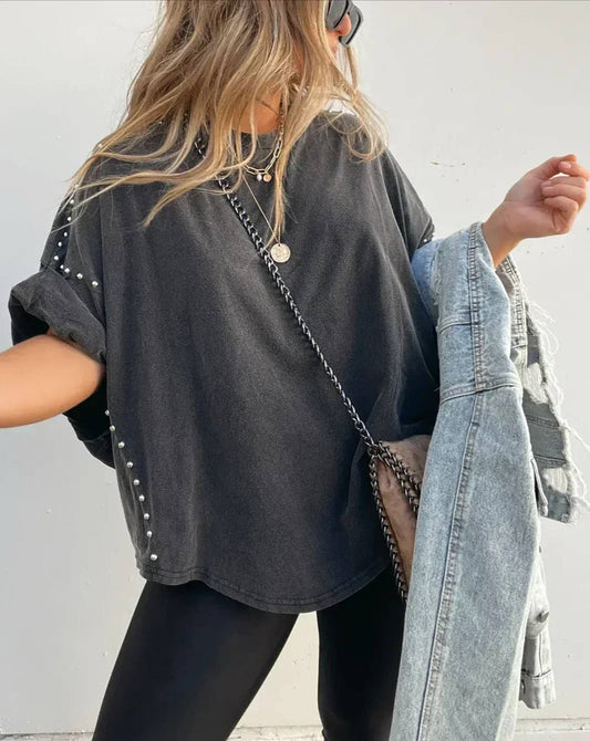 Casual Roll Up Sleeve Studded Washed Oversized Tee