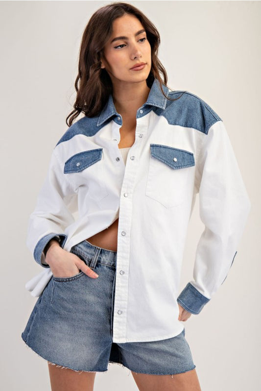 White Denim Pearl Snap Top