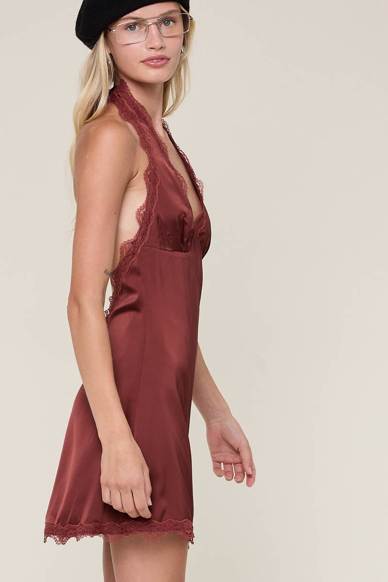 HALTER TIE OPEN BACK SCALLOP LACE SHINY MINI DRESS