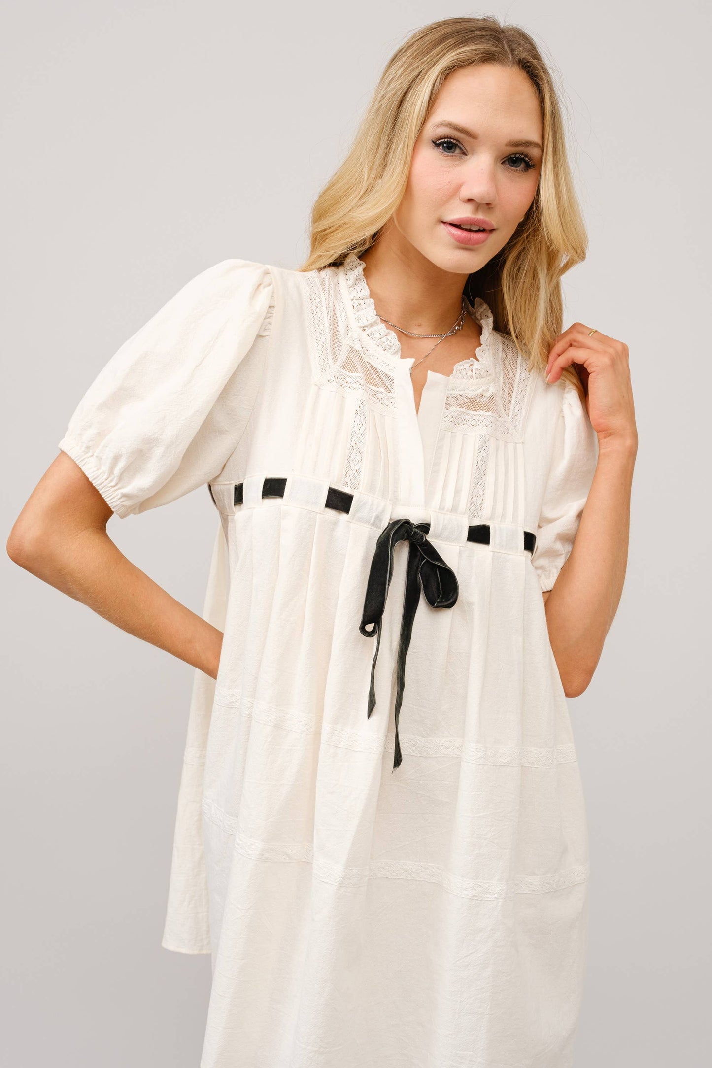 99154D - Cotton Gauze Bow Front Puff Sleeve Mini Dress