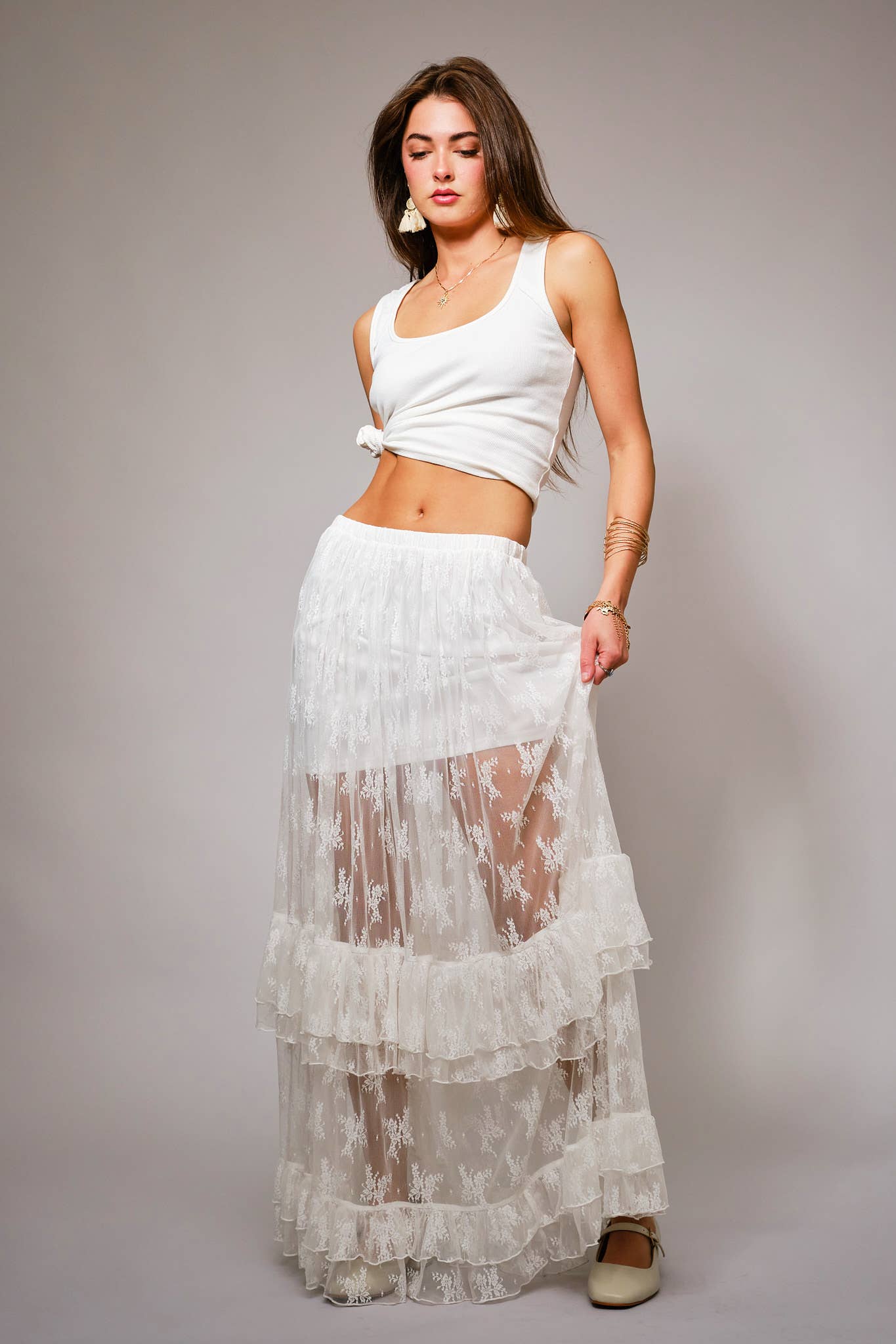 37108S - Sheer Lace Tiered Maxi Skirt