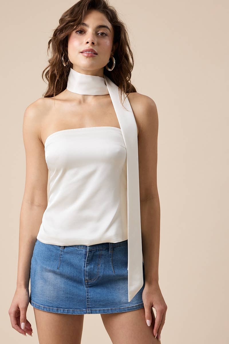 NECK SCARF ATTACHED SOLID COLOR PLAIN TUBE TOP