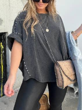 Casual Roll Up Sleeve Studded Washed Oversized Tee