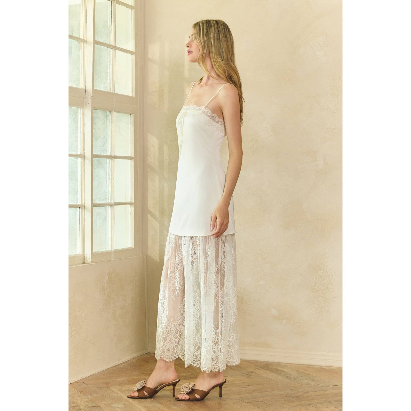 Lace Trim Satin Maxi Slip Dress
