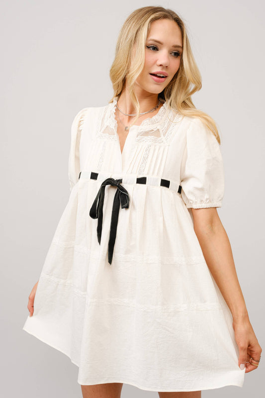 99154D - Cotton Gauze Bow Front Puff Sleeve Mini Dress