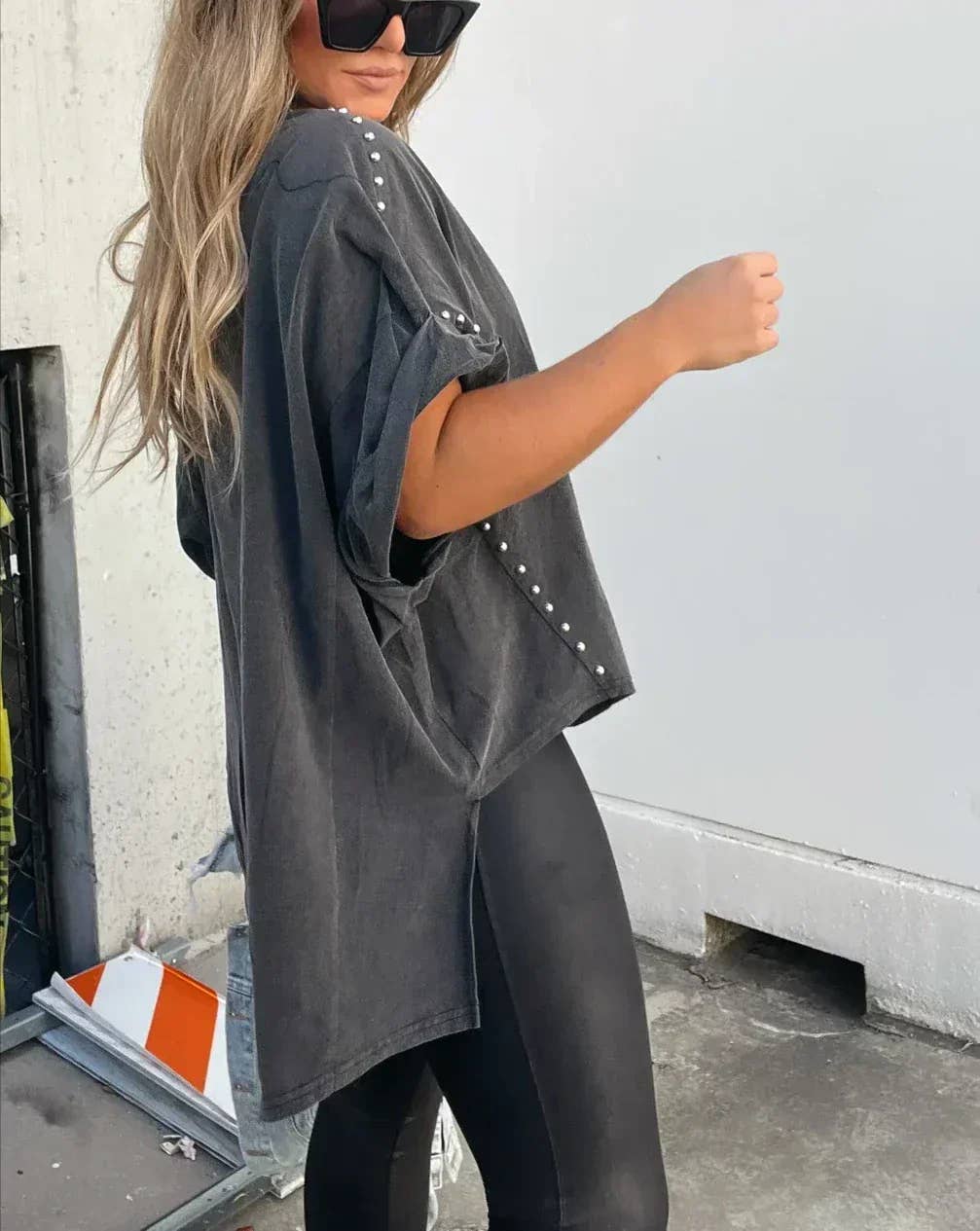 Casual Roll Up Sleeve Studded Washed Oversized Tee