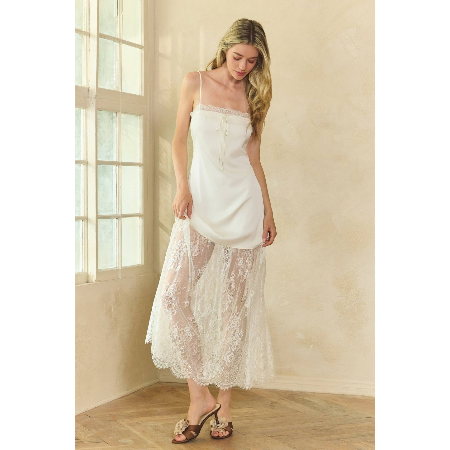 Lace Trim Satin Maxi Slip Dress