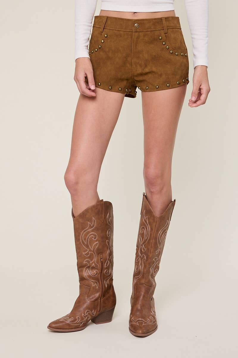 LEATHER SOLID COLOR CASUAL STUDDED MICRO SHORTS