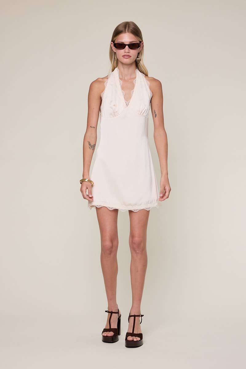 HALTER TIE OPEN BACK SCALLOP LACE SHINY MINI DRESS