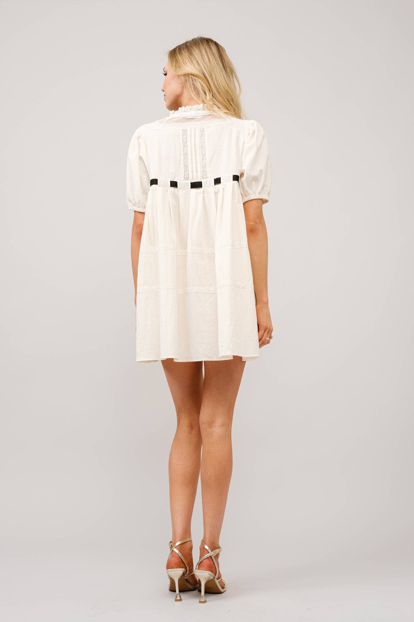 99154D - Cotton Gauze Bow Front Puff Sleeve Mini Dress