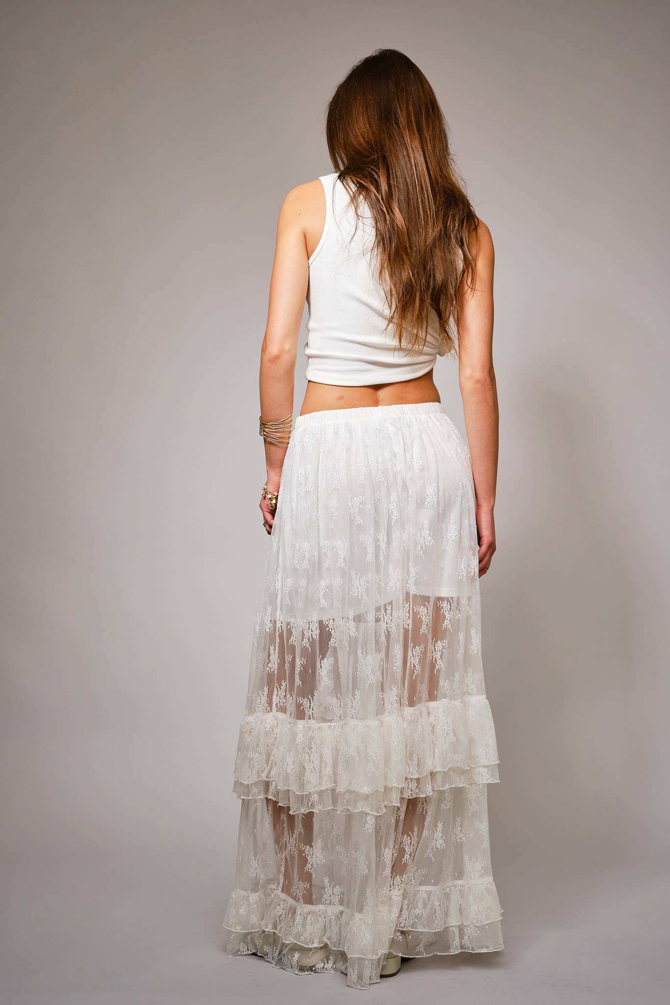 37108S - Sheer Lace Tiered Maxi Skirt