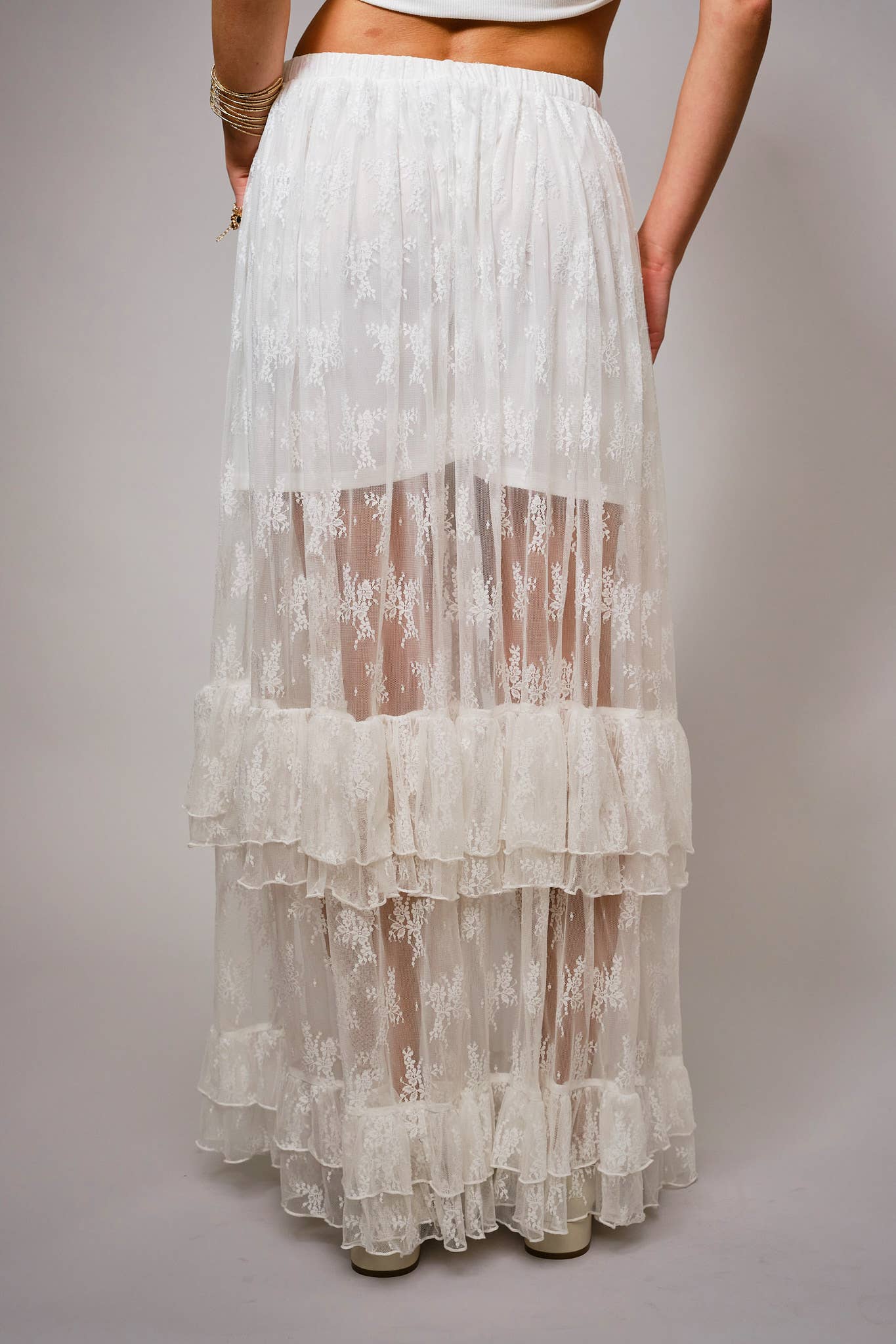 37108S - Sheer Lace Tiered Maxi Skirt