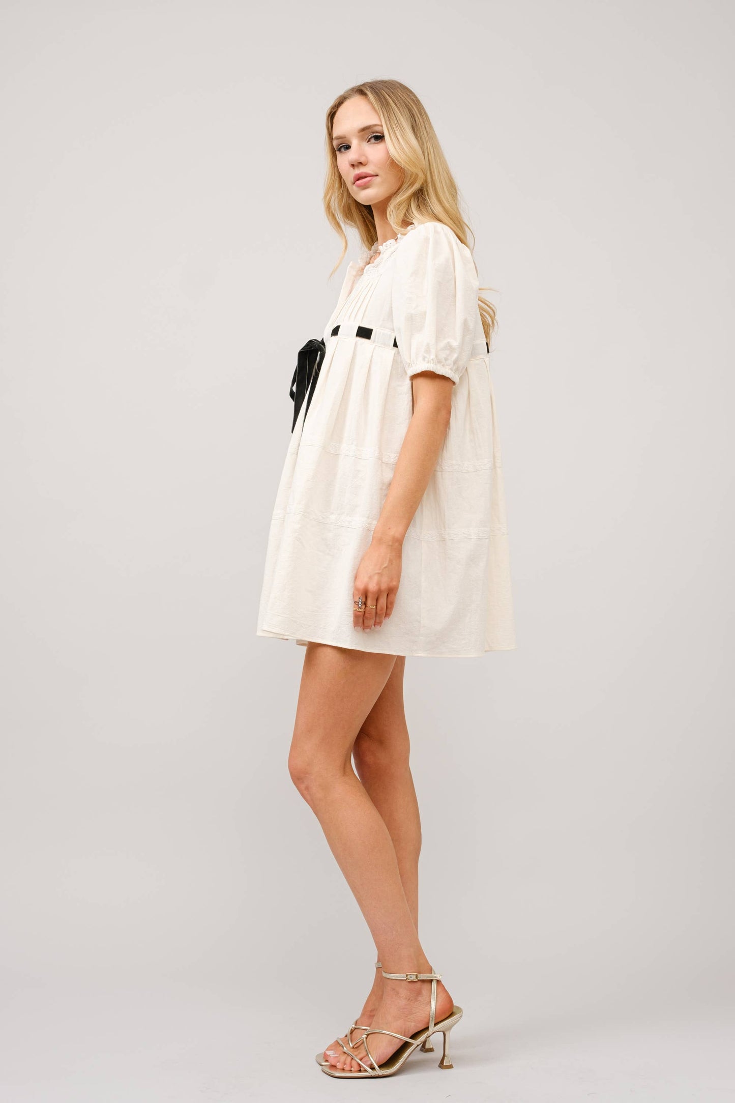 99154D - Cotton Gauze Bow Front Puff Sleeve Mini Dress