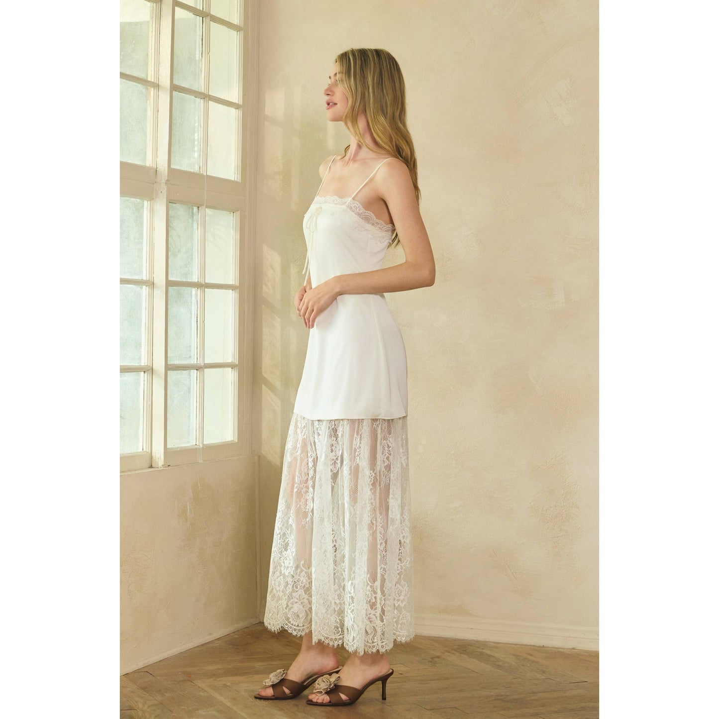 Lace Trim Satin Maxi Slip Dress