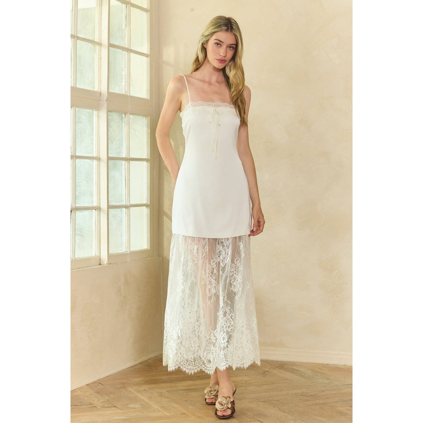 Lace Trim Satin Maxi Slip Dress