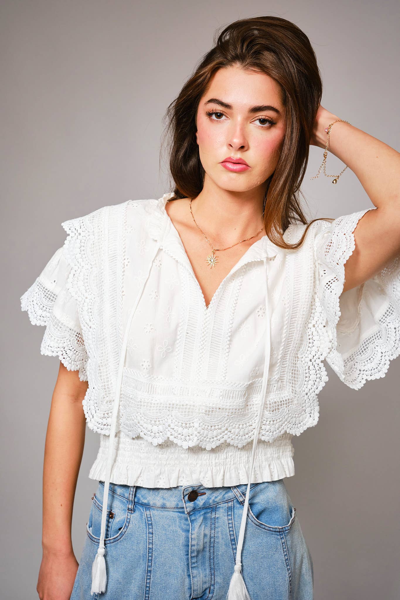 36900T - Eyelet Embroidered Tassel Tie Front Crop Top