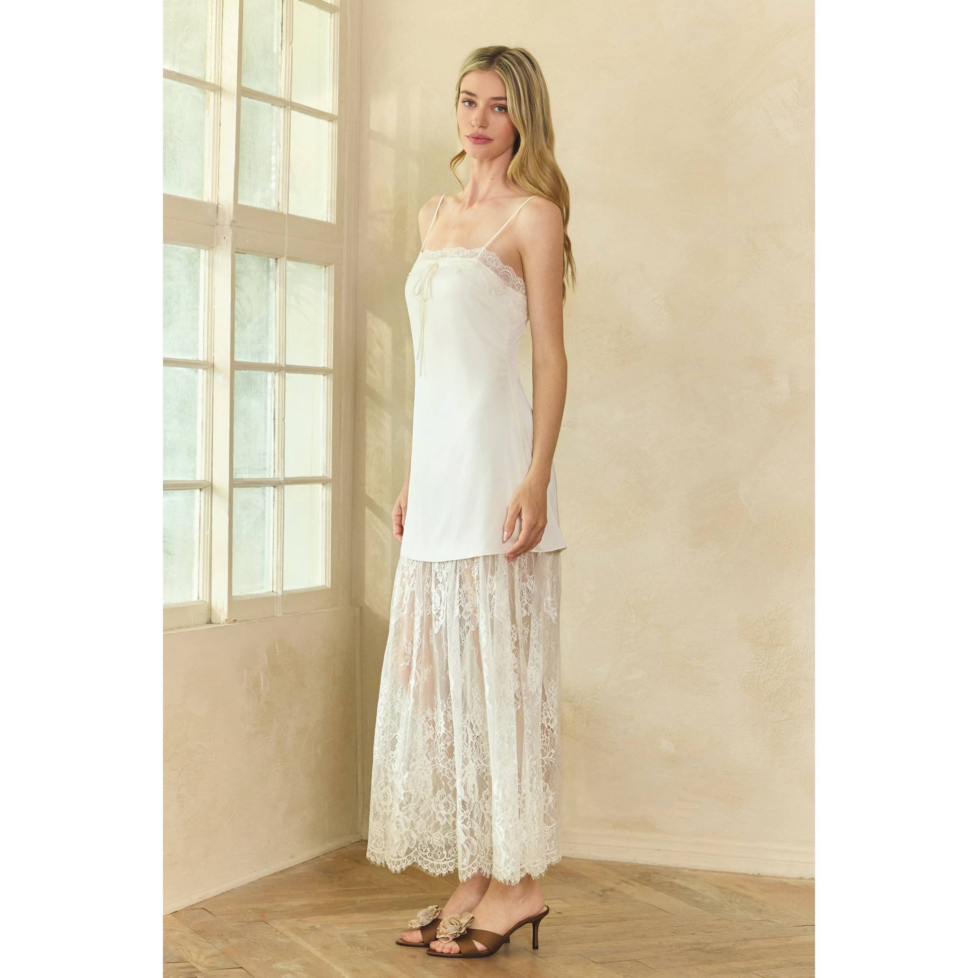 cobalt slinky lace trim split detail maxi dress I Am Delliah Maxi in Midnight Maxi dress featuring a sweetheart neckline, flared hem, halter neck ties, and back tie closure. Designed with contrast colour lace trim, hand-beaded bust detail, and a