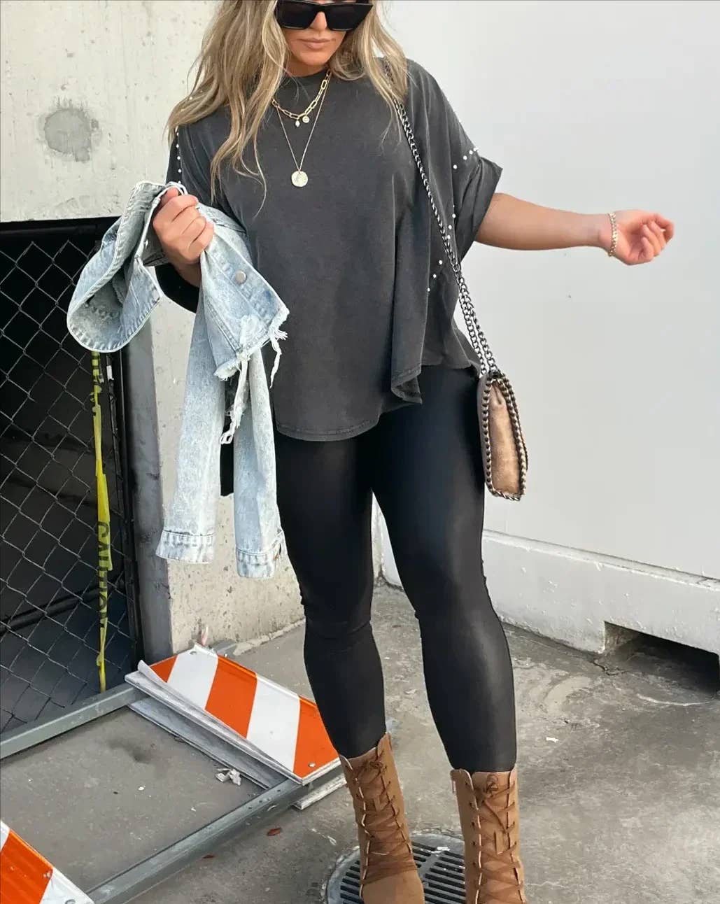 Casual Roll Up Sleeve Studded Washed Oversized Tee