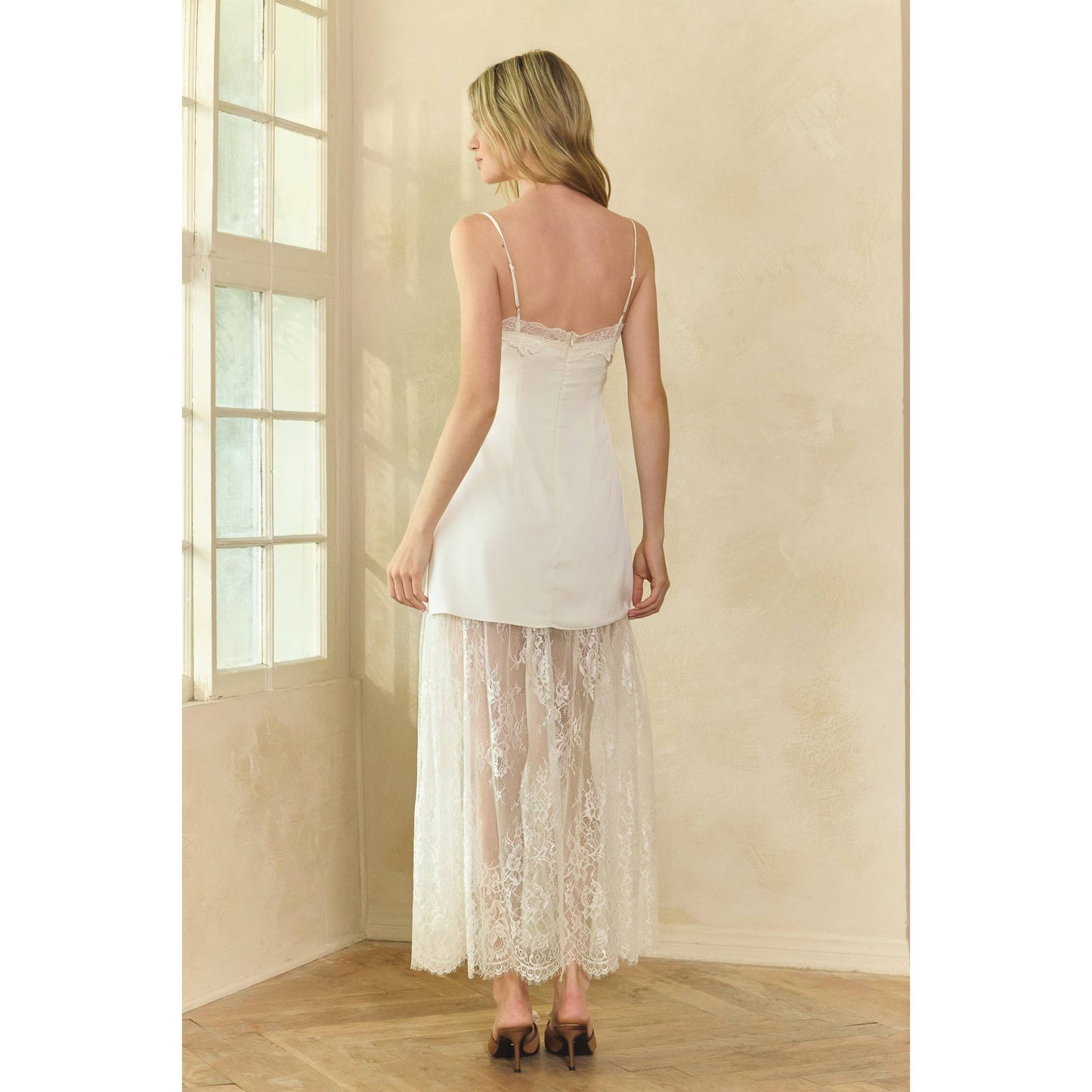 Lace Trim Satin Maxi Slip Dress