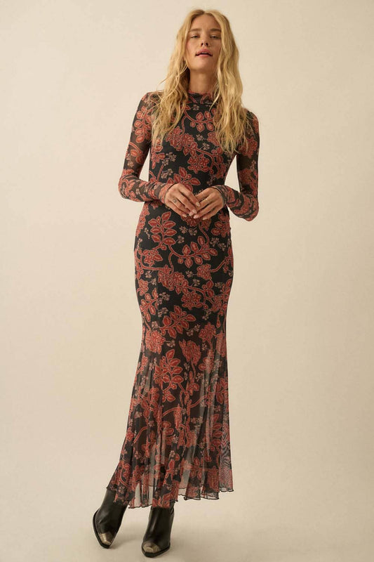 Floral Mesh Mock-Neck Thumbhole Maxi Dress