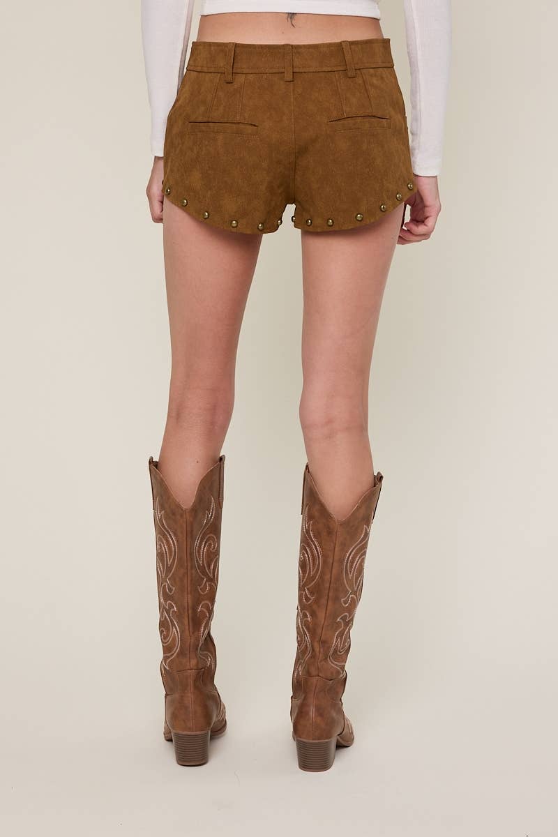 LEATHER SOLID COLOR CASUAL STUDDED MICRO SHORTS