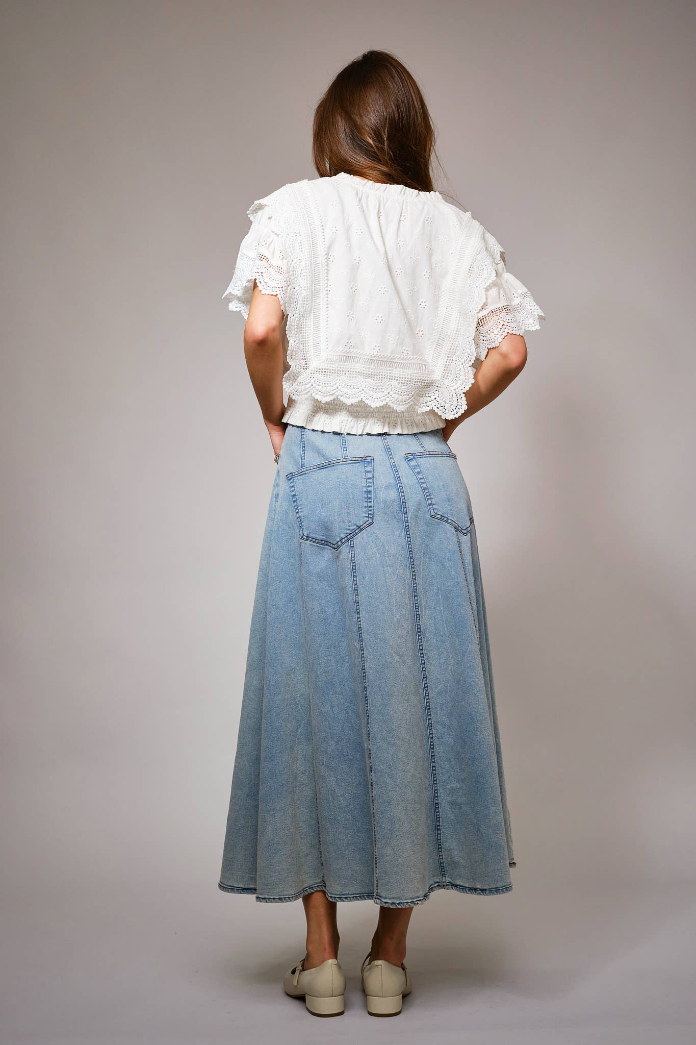 36900T - Eyelet Embroidered Tassel Tie Front Crop Top