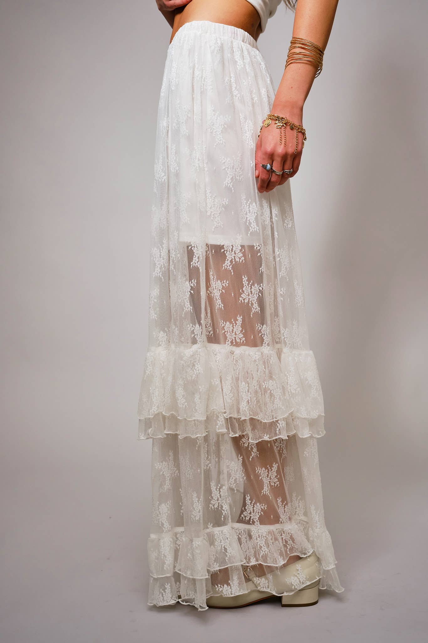 37108S - Sheer Lace Tiered Maxi Skirt