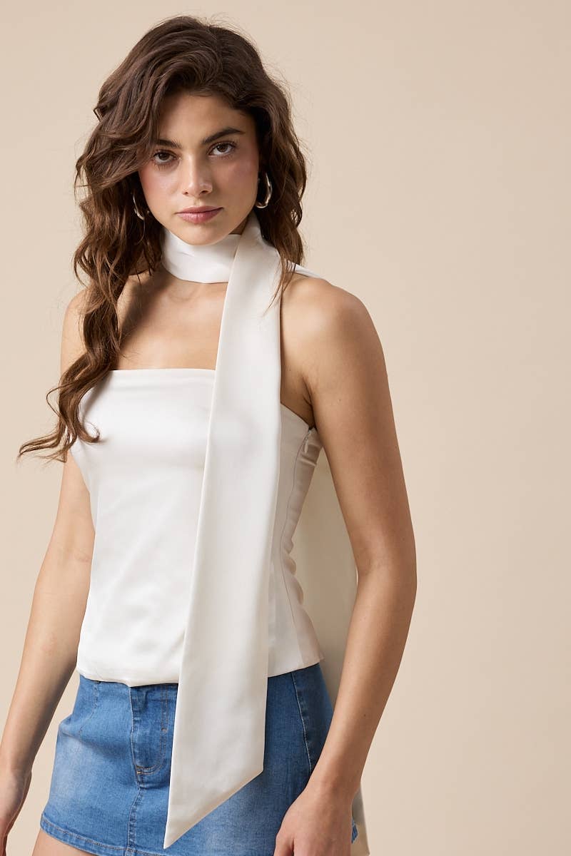 NECK SCARF ATTACHED SOLID COLOR PLAIN TUBE TOP